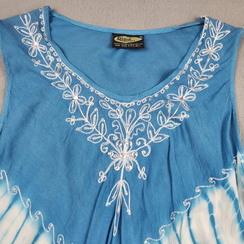 Rima‎ Beachworld Blue Tie Dye Embroidered Sequin Handkerchief Hem Dress OSFM